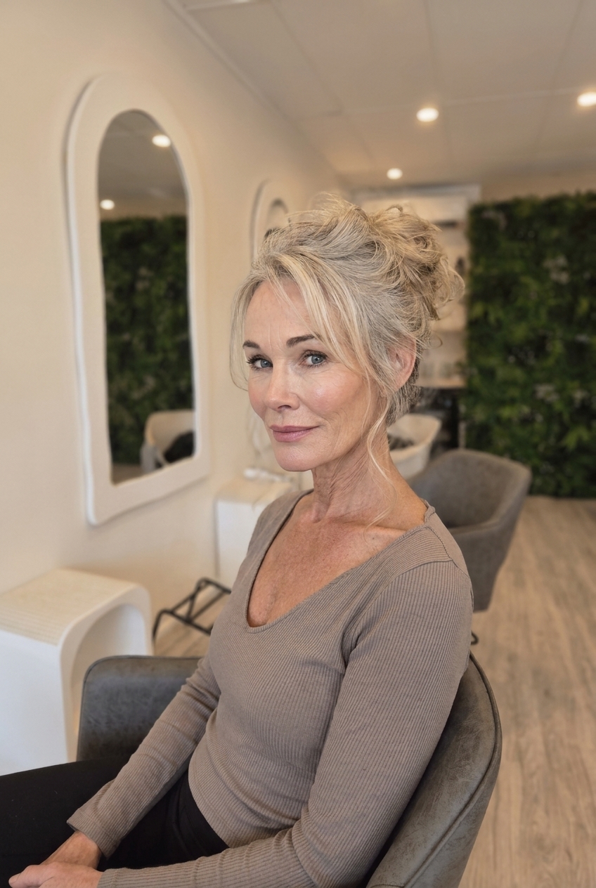 Silver blonde messy updo, restored tone